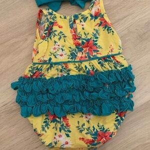 Ruffle Butts Yellow Floral Ruffle Baby Romper with Teal Accents 12 m